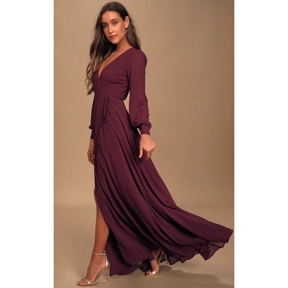 Lulus My Whole Heart Plum Burgundy Dress Small NWT Long Sleeve Bridesmaid Wrap
